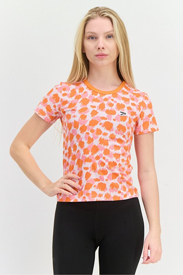 Women Slim Fit Short Sleeves Outdoors Top, Orange