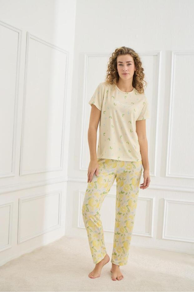 Women's Lycra Single Jersey Soft Textured Short Sleeve Yellow Hello Summer Written Single Jersey Combed Cotton Pajamas Set
