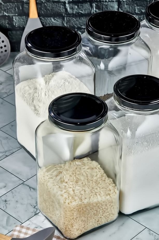 Etiketli 6'lı 3000 ml Cam Erzak Kavanozu Metal Kapaklı Saklama Kabı - 3