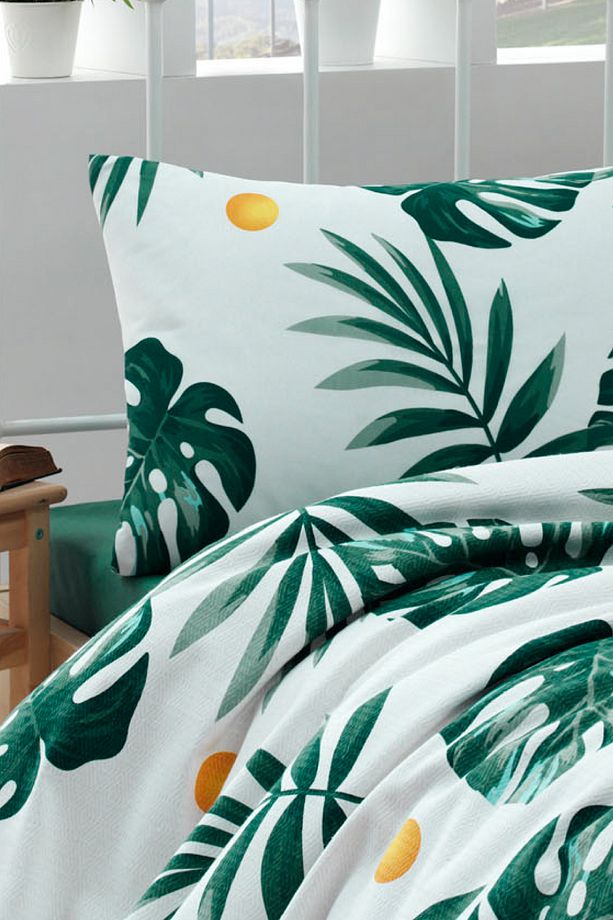 Tek Kişilik Baskılı Pike Takımı Monstera Yeşil - 2
