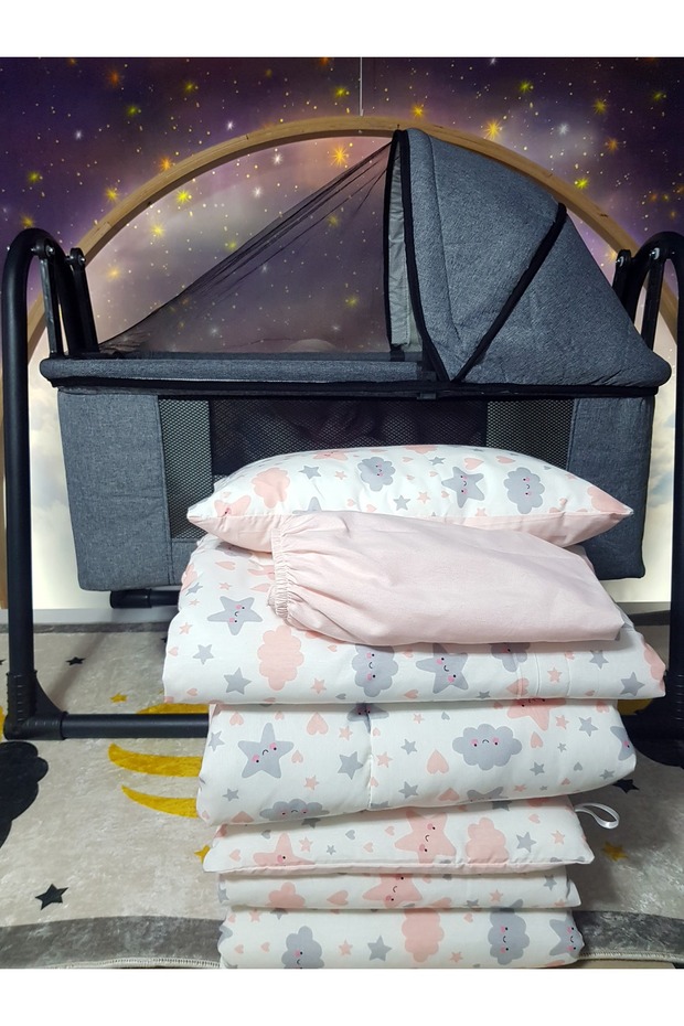 45X85 Linen Crib and Sleeping Set with Awning - Gray Mother's Side Crib Portable Basket Crib
