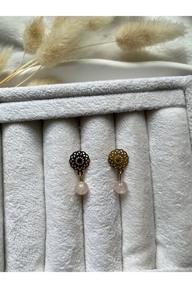 Flower Motif Steel Pink Quartz Stone Earrings