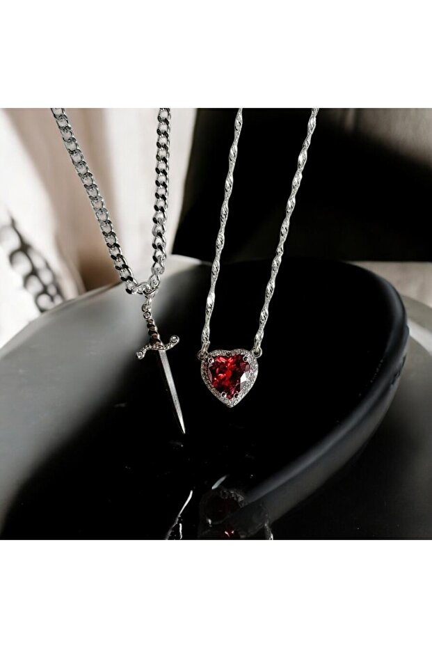 Steel Heart & Sword Necklace Lover & Couple Necklace
