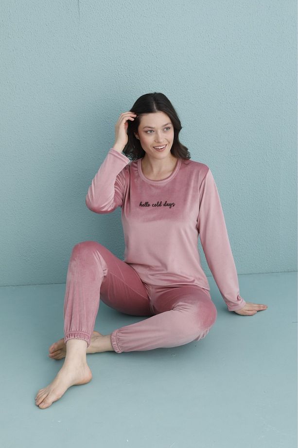 Kadın Pudra Kadife Uzun Kollu Lastikli Paça Yüksek Kalite Pijama Takımı - 3