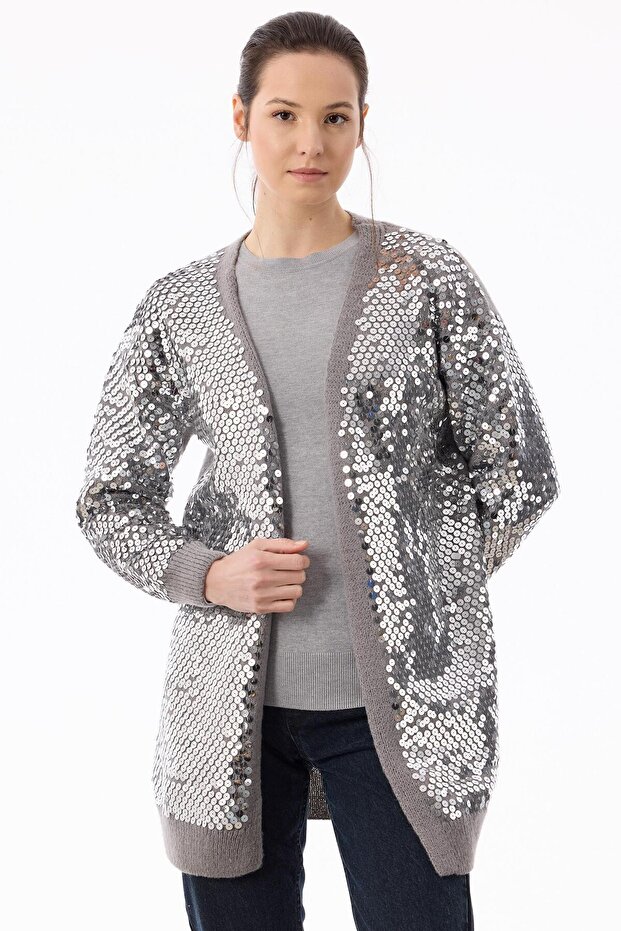 Payetli Triko Hırka GRİ-GRİ - 2