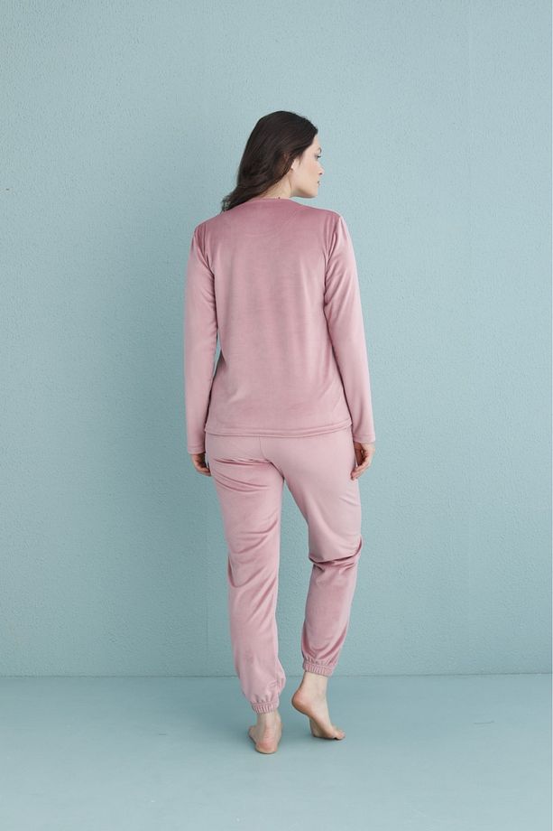 Kadın Pudra Kadife Uzun Kollu Lastikli Paça Yüksek Kalite Pijama Takımı - 2