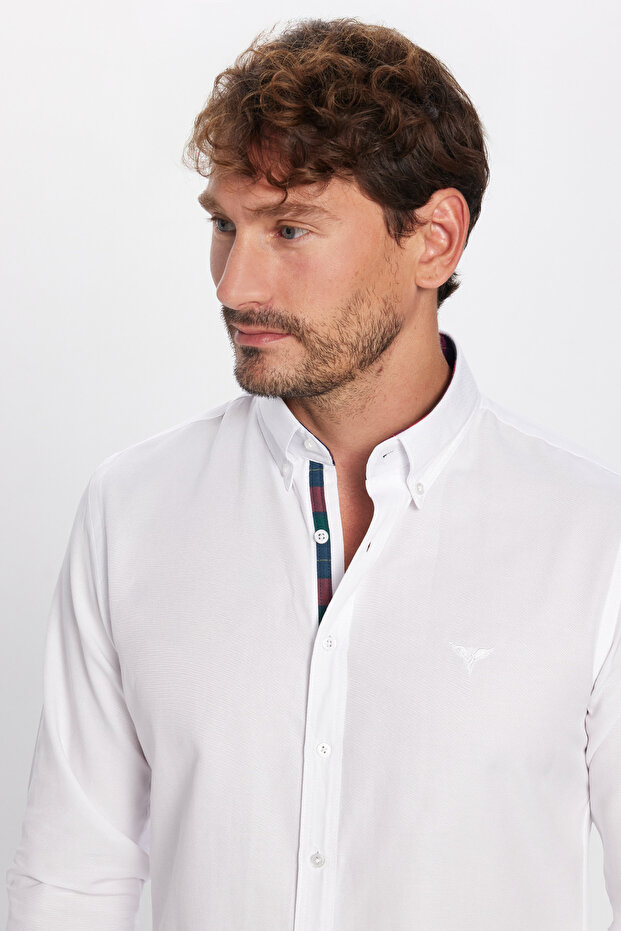 White Oxford Texture Shirt - Men's, Slim Fit, Long Sleeve, Easy Ironing, Buttoned Collar
