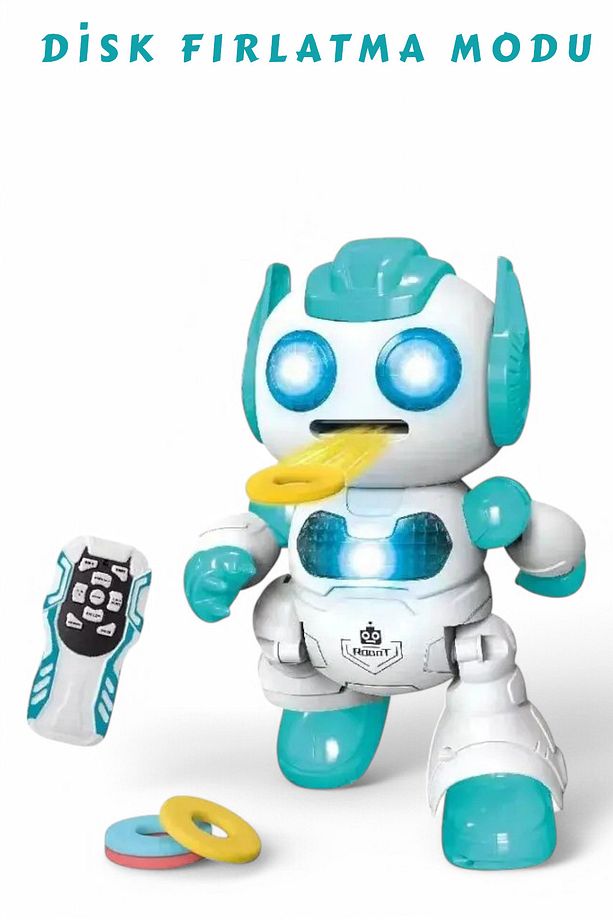 Uzaktan Kumandalı Disk Atan Sesli Işıklı Renkli Sevimli Robot Disk Fırlatan 22 cm Robot - 4