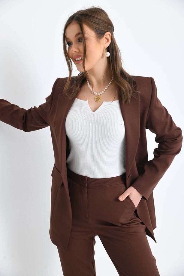 Düğmeli Atlas Takım Elbise Kahve - 7