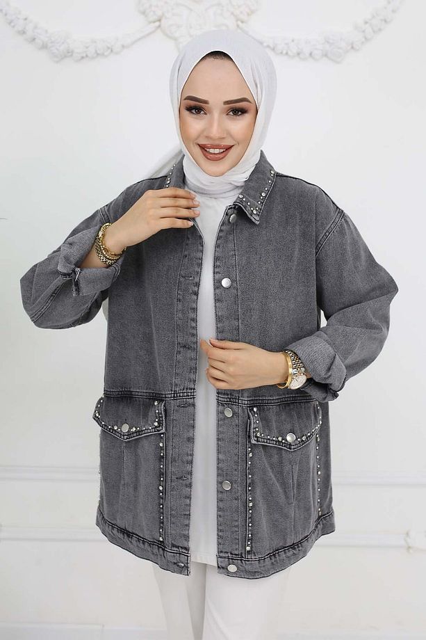 Taş İşlemeli Cepli Kot Ceket Gri 7902 - 2