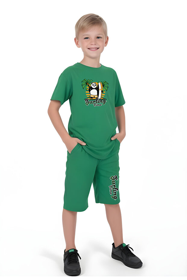 Surfing Panda Printed Boy Capri and T-Shirt Bottom and Top Set