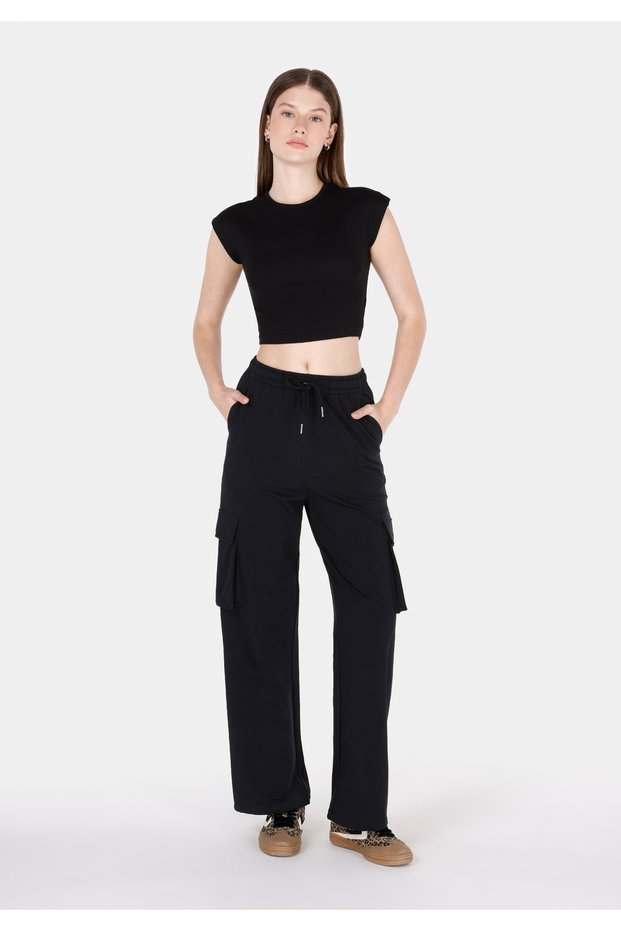 Regular Fit Mid Waist Straight Women's Black Sweatpants Cl 1072561