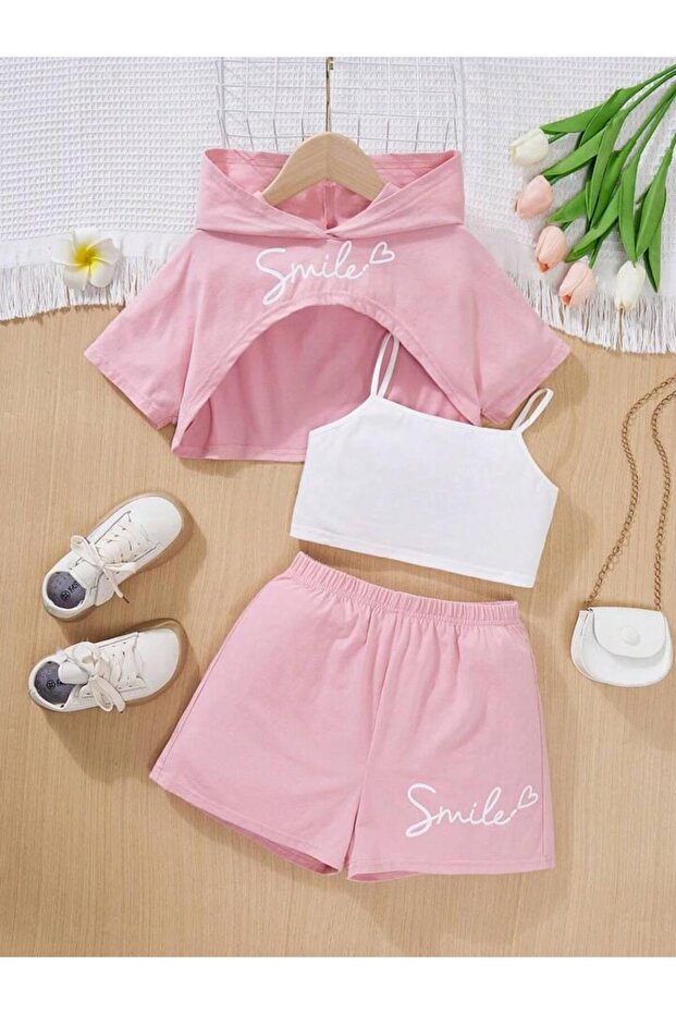 Girl's Smile Printed T-Shirt Strap Crop Shorts Set