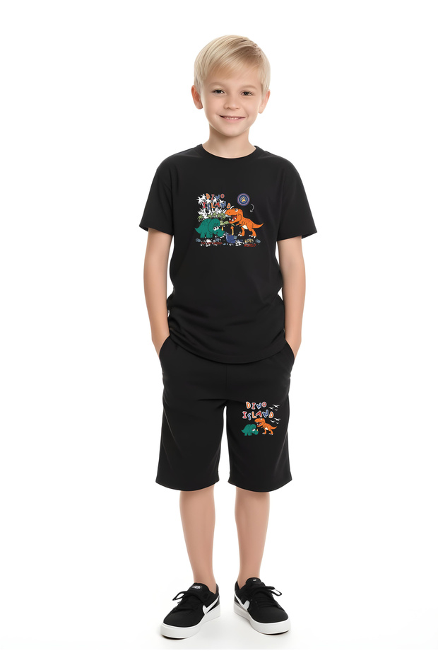 Boy's Capri and T-Shirt Bottom-Top Set with Dino Island Print
