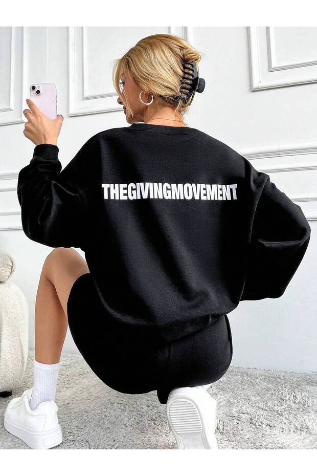 Thegivingmovement Winter Sweatshirt - Black Printed Oversize Raised Crew Neck