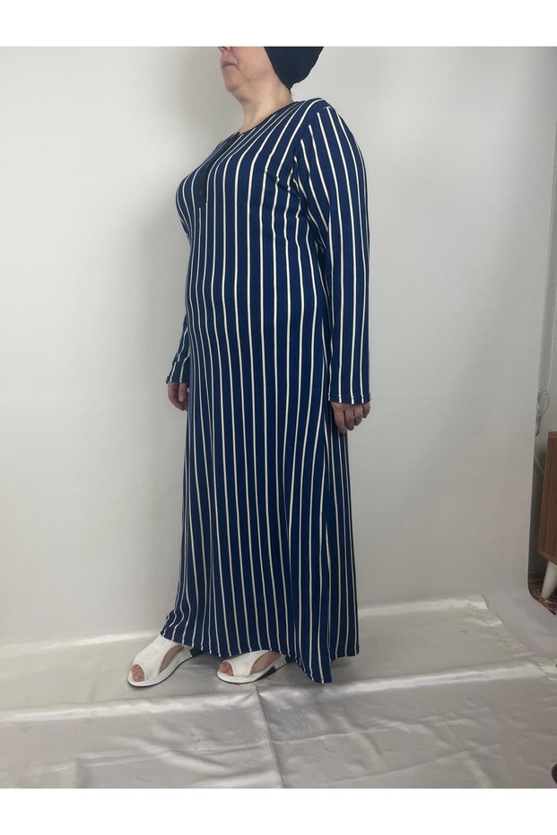 Women's Navy Blue Beige Striped Pattern Buttoned Lapel Long Sleeve Seasonal Mother Dress