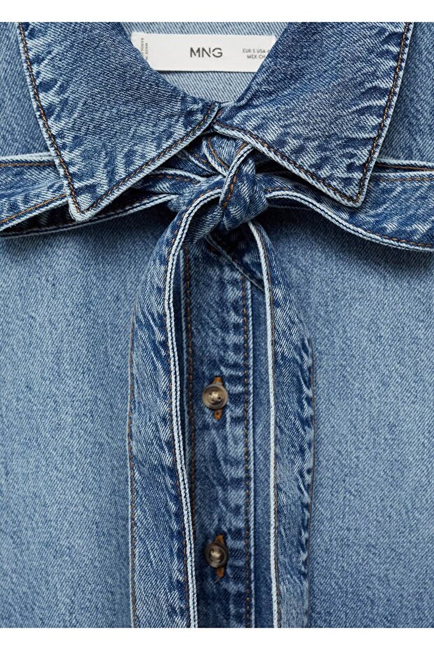 Bağ detaylı denim gömlek - 5