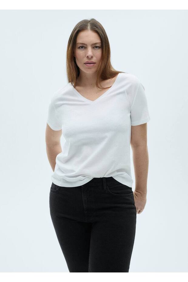 V yakalı pamuklu tişört - 8