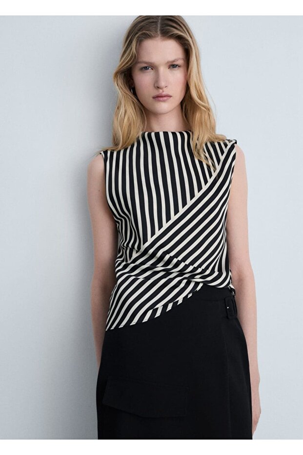 Çizgili Perkins yaka bluz - 1