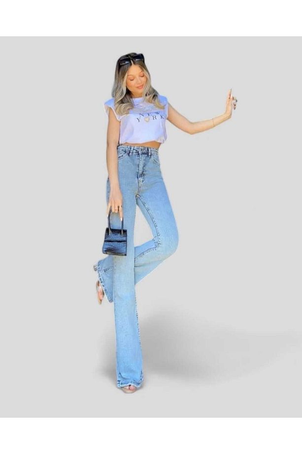 Jasmy Kadın Ispanyol Mavi Kar Yıkama Yüksek Bel Likralı Ekstra Esnek Flare Jeans Kot Pantolon - 5
