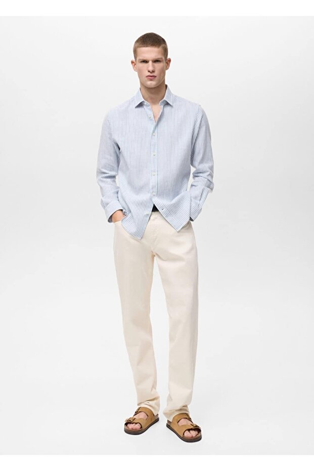Regular fit çizgili keten gömlek - 2
