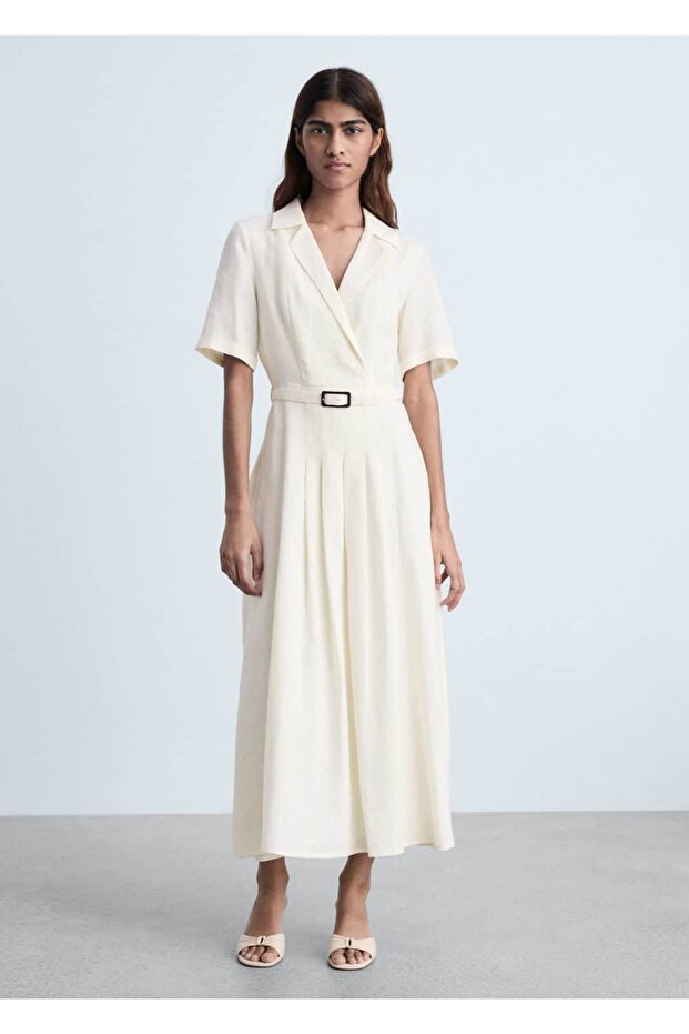 Kemerli keten elbise - 2