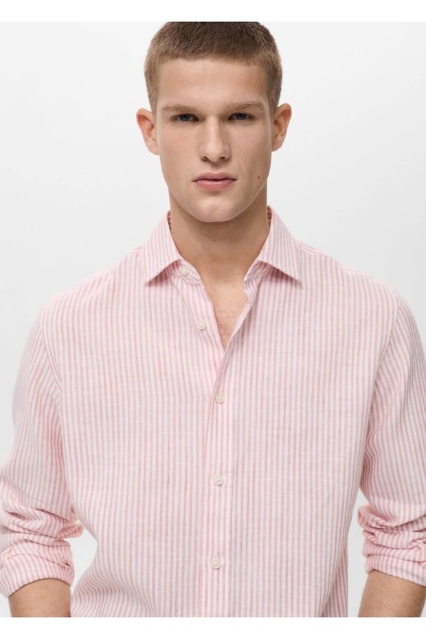 Regular fit çizgili keten gömlek - 6