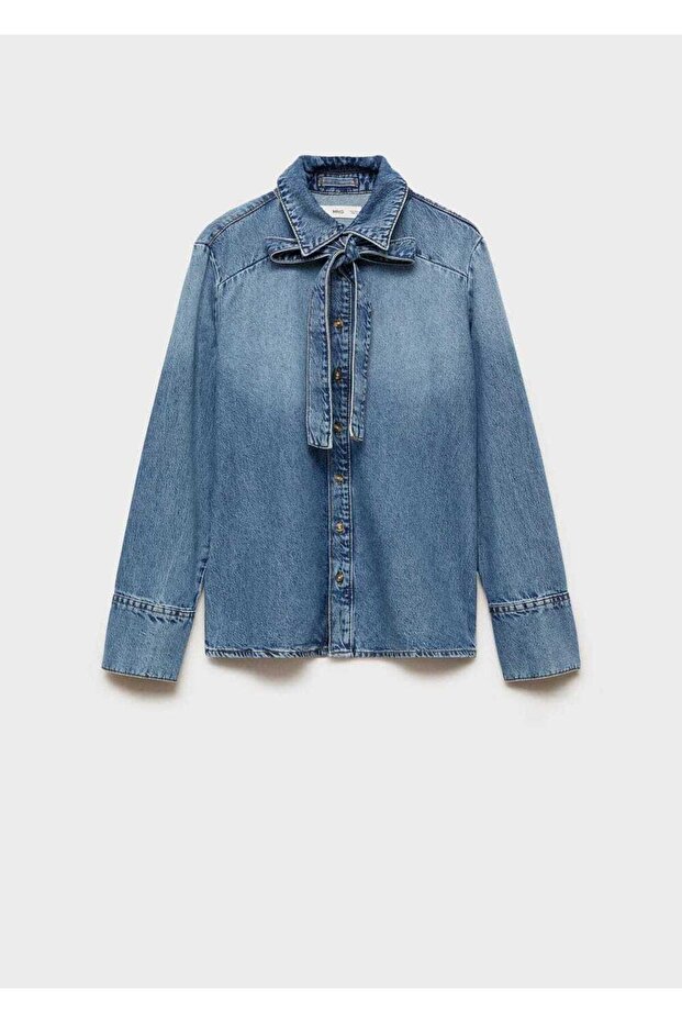 Bağ detaylı denim gömlek - 3