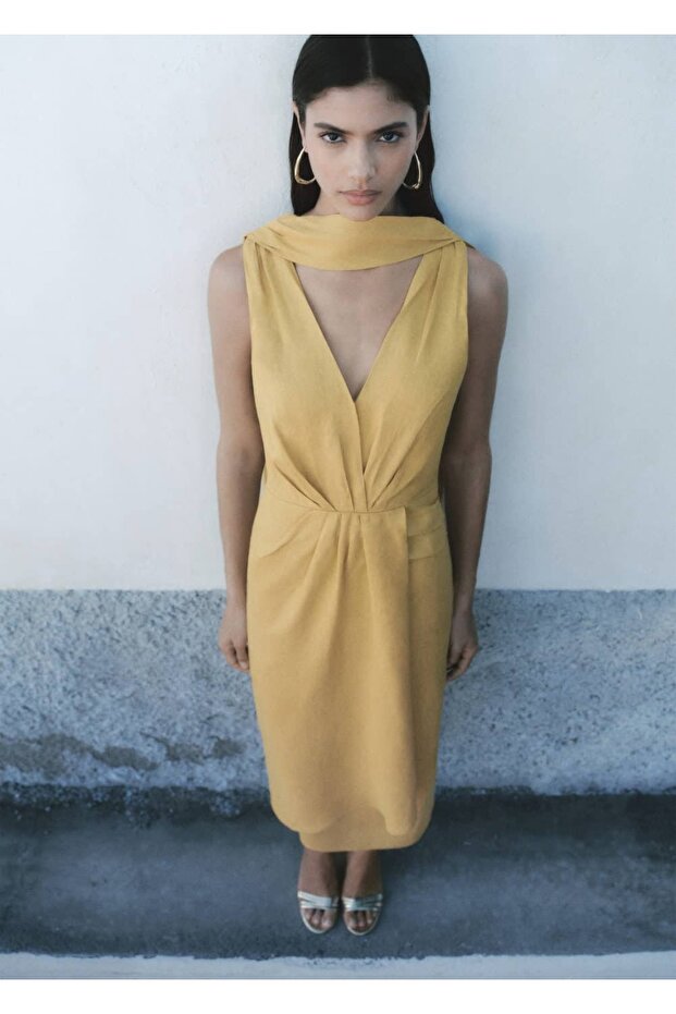 Keten pilili midi elbise - 7