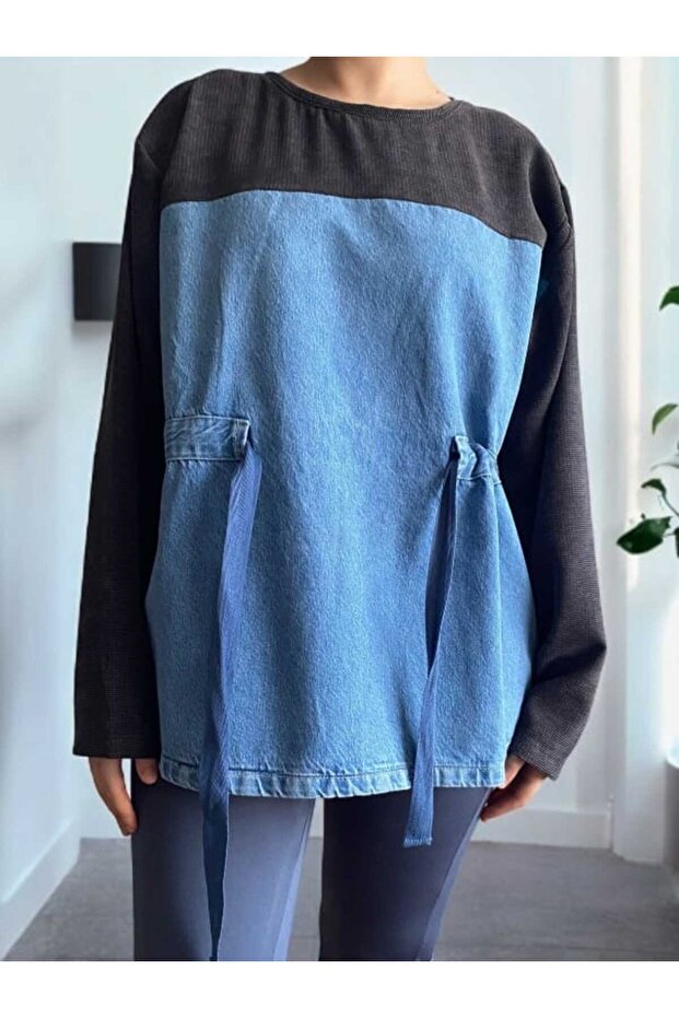 Kumaş Garnili Kot Sweatshirt - 8