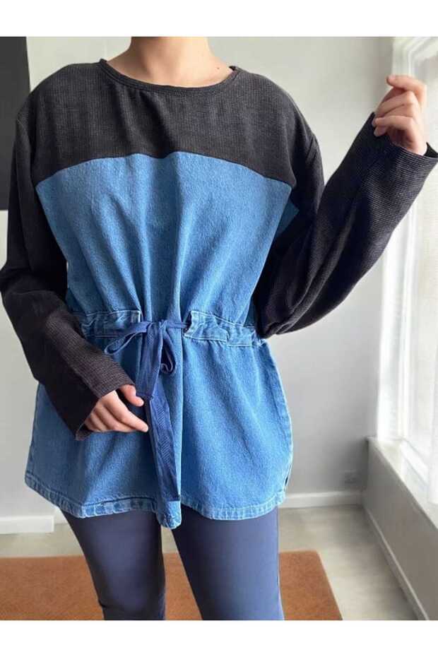 Kumaş Garnili Kot Sweatshirt - 1