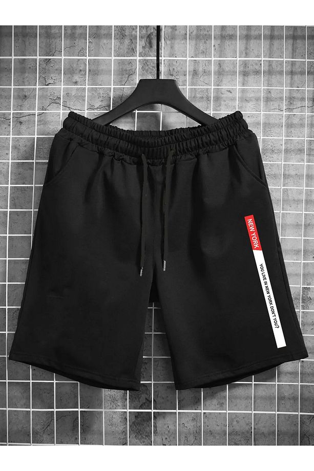 Erkek Siyah NewYork Baskılı Polyester Şort - 1