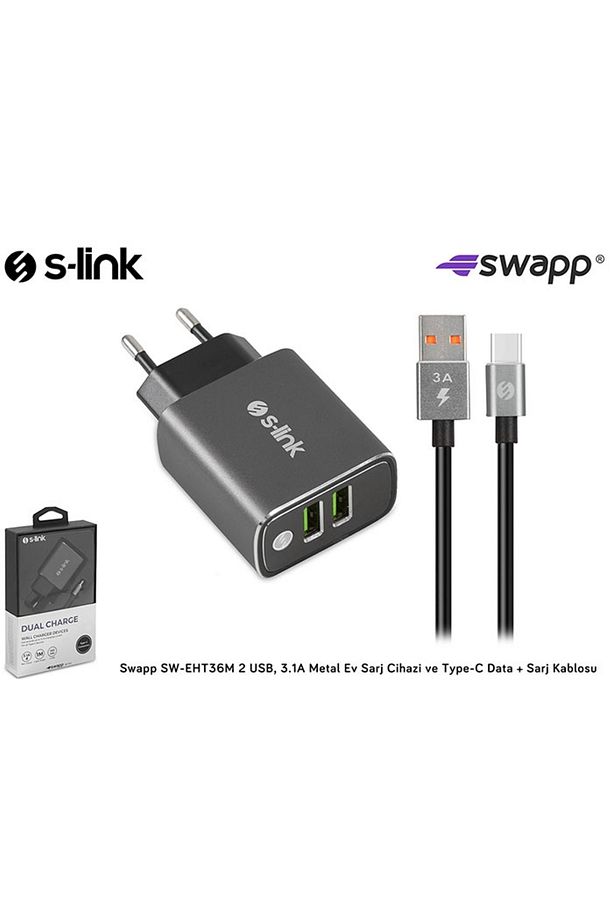 Şarj Aleti Takım Çift Çıkışlı 3.1 A + Type-C Kablo S-link Swapp SW-EHT36M - 5