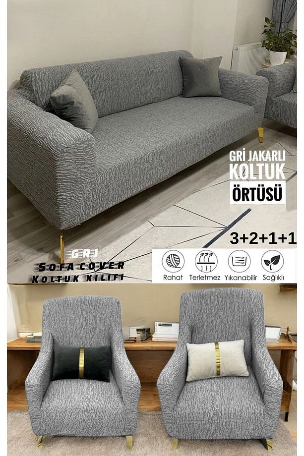 Jakarlı 3 3 1 1 Lastikli Kanepe Örtüsü | Lastikli Koltuk Örtüsü | Koltuk Kılıfı Takımı - 1