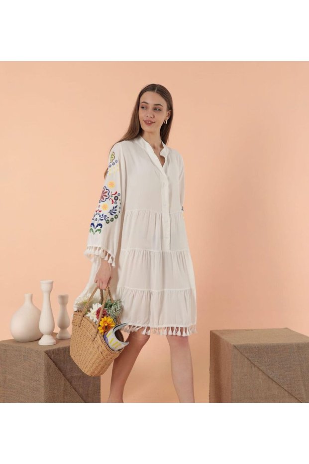 Women's White Half Placket Neckline Embroidery Detailed Pompom Dress