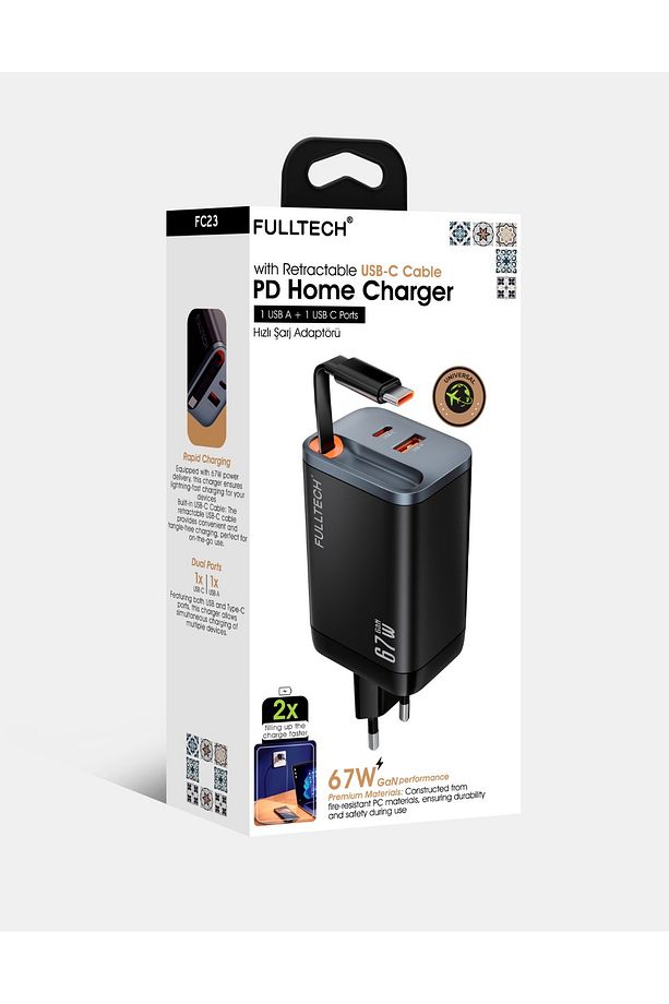 67W HIZLI ŞARJ PREMİUM KALİTE DAHİLİ  TYPE-C + USB-A ÇIKIŞ, MAKARA SİSTEMLİ DAHİLİ TYPE-C KABLOLU - 1