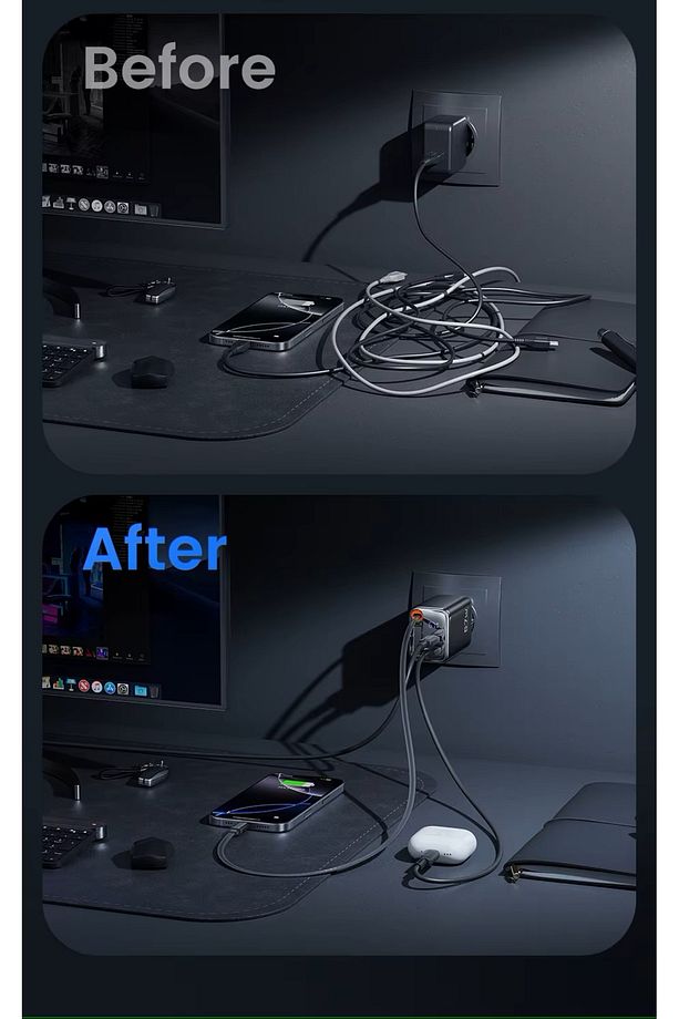 67W HIZLI ŞARJ PREMİUM KALİTE DAHİLİ  TYPE-C + USB-A ÇIKIŞ, MAKARA SİSTEMLİ DAHİLİ TYPE-C KABLOLU - 3