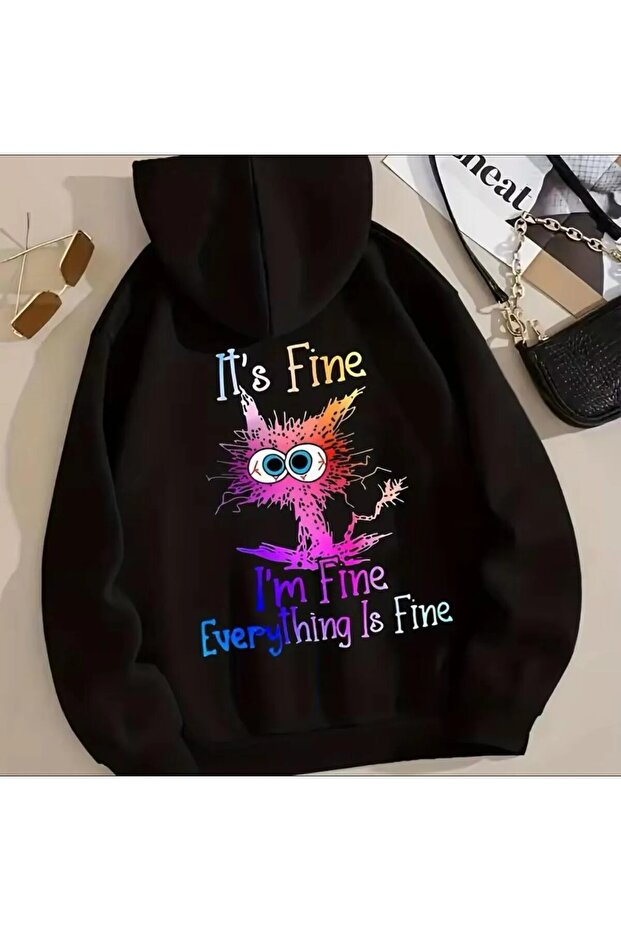 سويت شيرت بغطاء للرأس مطبوع عليه عبارة It's Fine
