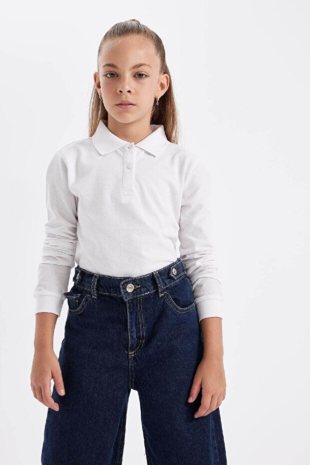 Girl's White Polo Neck Plain Basic Pique Long Sleeve School T-Shirt J0010A624Au