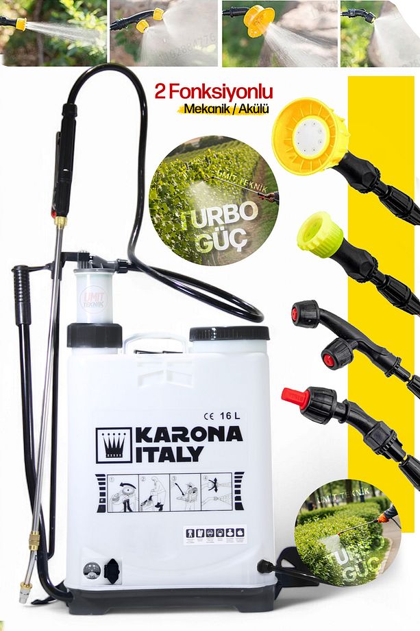 Turbo 8 Saat Çalışır Akülü / Mekanik 16Lt Şarjlı SırtT ilaçlama Dezenfektan Sulama Pompası Makinası - 1