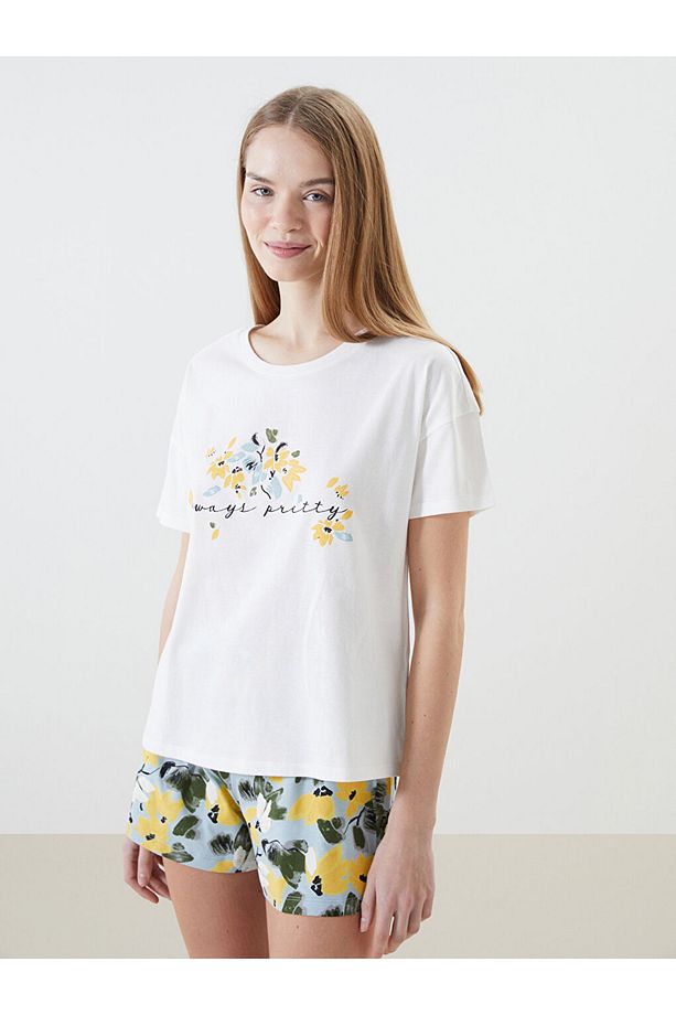 Mavi Bisiklet Yaka Çiçekli Kadın Şortlu Pijama Takımı - 2