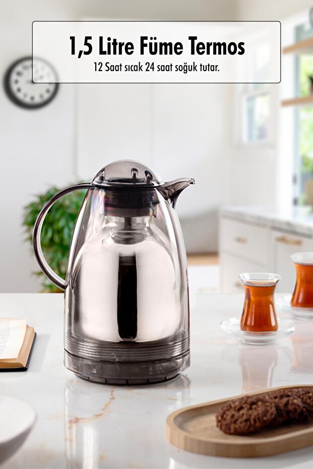 1.5 Lt Thermal Insulated Tea and Cold Water Thermos Smoked (Keeps Warm for 12 Hours & Glass Inside)