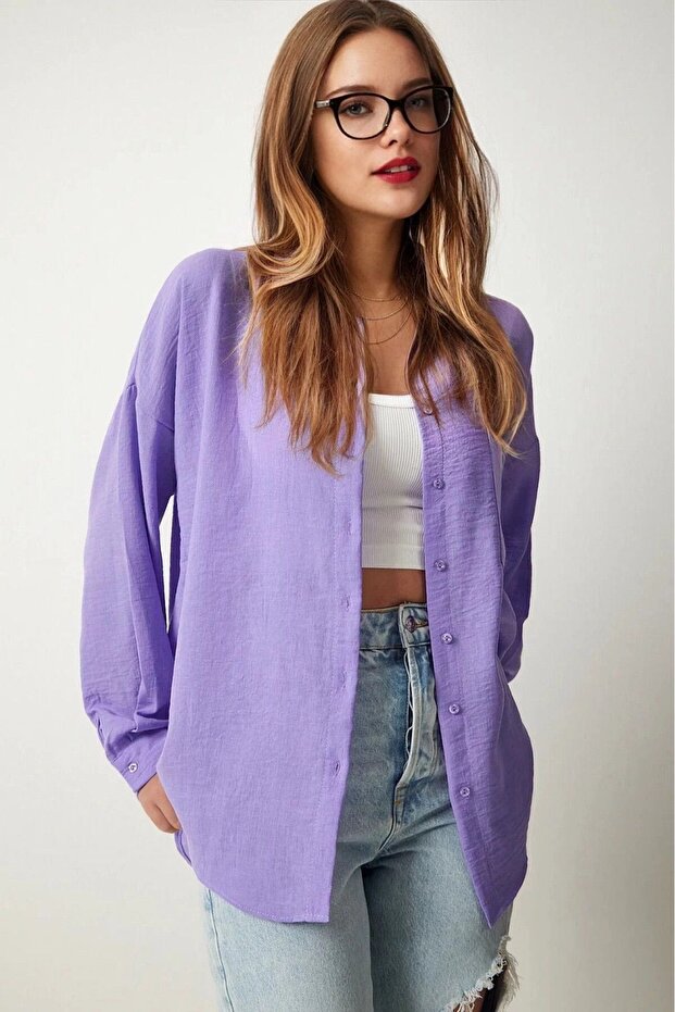 Kadın Lila Tek Cepli Oversize Keten Ayrobin Gömlek HZL24S-BD1201531 - 1