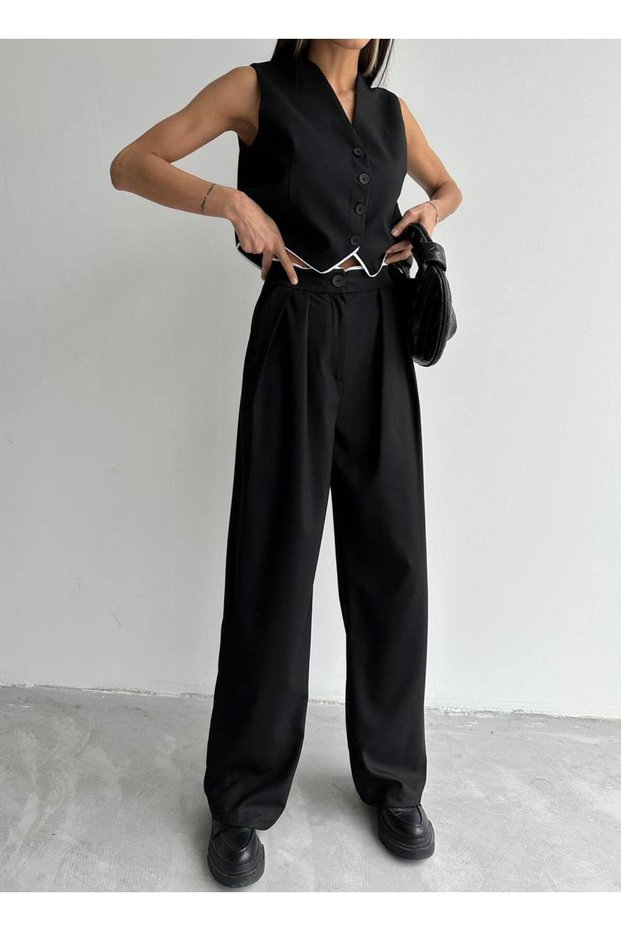 Women's Black Double Vest Pants Bottom Top Set