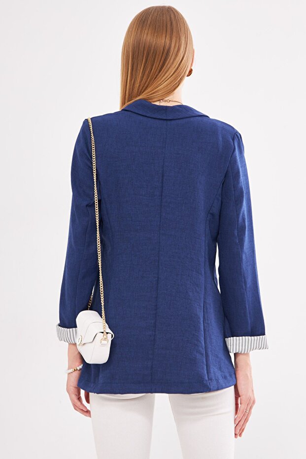 Marineblaue Damenjacke mit einem Knopf und Innenärmeln, gestreift, ARM-22K001122 - 5