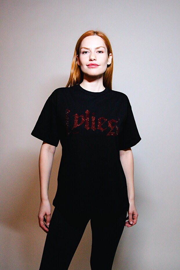 Lylies Red Stone Printed Relaxed Fit Black Women's Tshirt