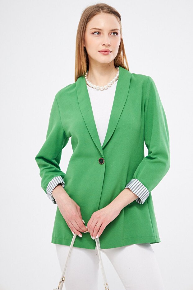 Women's Light Green Sleeve Striped Single Button Jacket ARM-22K001122