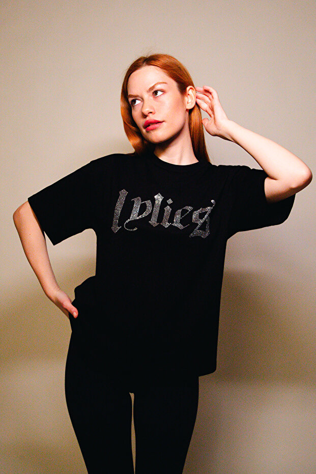 Lylies Stone Printed Relaxed Fit Black Women's Tshirt