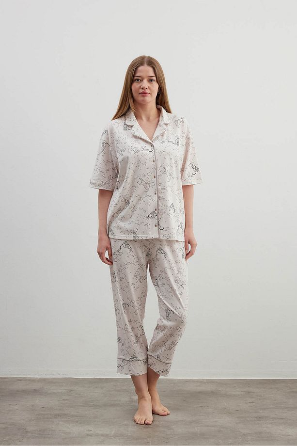 Kadın Plus Size Pamuklu Gömlek Midi Pijama Takımı - 3