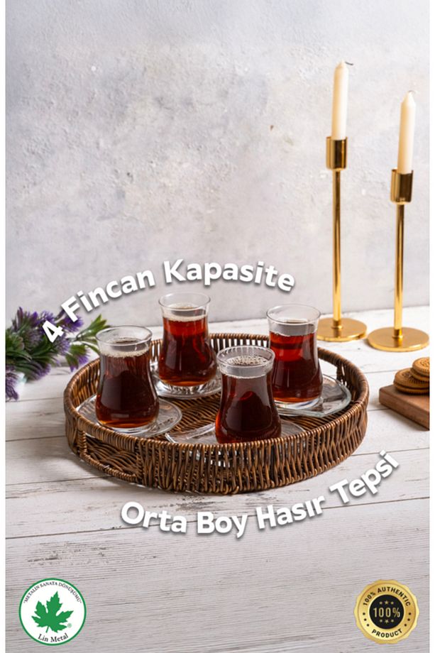 Orta Boy Yuvarlak Hasırtepsi, Kulplu Sunum Tepsisi, Servis Tepsisi, Modern Hasır Tepsi 30cm - 1